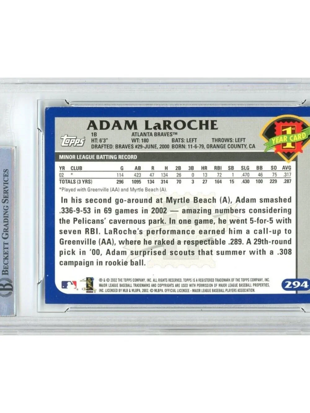 Adam LaRoche Signed 2003 Topps #294 Braves Baseball Card Autograph BAS